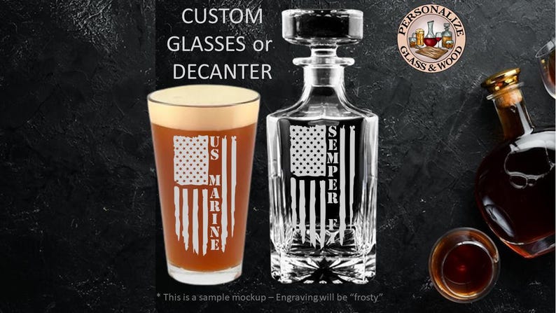 Marine Engraved Whiskey Decanter And/or Glasses Set, Veteran, Active ...