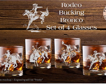 Rodeo Bucking Horse Glasses, Whiskey Glasses Laser Engraved with Bucking Broncs