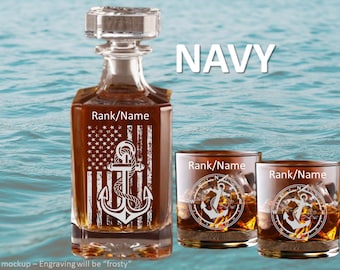 U.S. NAVY Engraved Whiskey Decanter Set, Personalized Birthday Gift, Decanter Bottle and Whiskey Glasses Set, Retired Gift, Veteran, Anchor