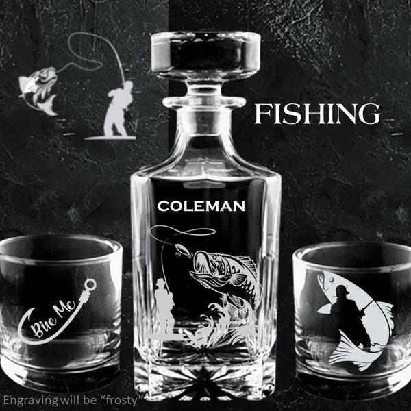 Fishing Engraved Whiskey Decanter Set, Personalized Decanter, Liquor Decanter Bottle & Whiskey Glasses, Birthday, Father's Day, Husband Gift