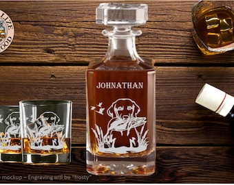 Hunting Engraved Whiskey Decanter Set, Personalized Birthday Decanter, Liquor Decanter Bottle and Whiskey Glasses