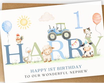 Personalised 1st Birthday Card, First Birthday Card for Son, Grandson, Nephew, godson, Boys Farm Animal Tractor Card Age 1