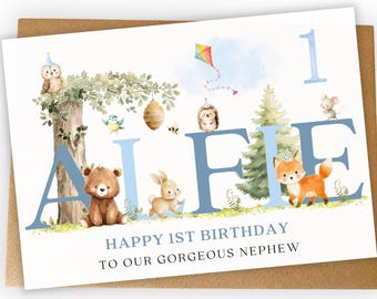 Personalised 1st Birthday Card for Son, Grandson, Nephew, godson, Boys Woodland fox and bear Card age 1