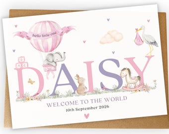 Personalised Baby Girl Card, Elephant Hot Air Balloon, Welcome to the World a5 or 5x7 size