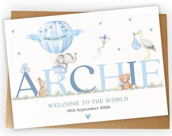 Personalised New Baby Boy Card, Welcome to the World Blue Hot Air Balloon, Baby Gift