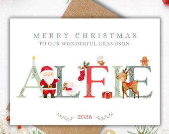 Personalised Christmas Card for Son, Daughter, Grandson, Granddaughter, Niece or Nephew, Girls/ Boys Christmas Santa with Christmas Animals