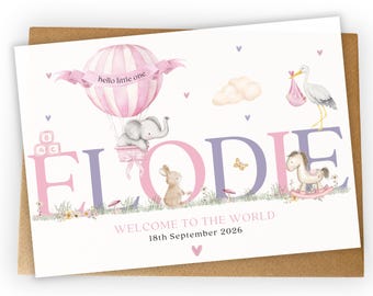 Personalised New Baby Girl Card, Welcome to the World Pink Hot Air Balloon, Baby Gift