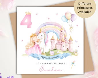 Personalised 4th Birthday Princess Card, Fourth Card for Daughter, Granddaughter, Niece | Pink Unicorn Castle