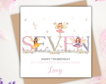 Personalised 7th Birthday Card for Daughter, Granddaughter, Niece, Goddaughter, Girls seventh Birthday Fairy Card