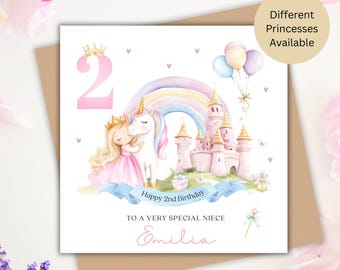 Personalised 2nd Birthday Princess Card, Girls Second Card for Daughter, Granddaughter, Niece | Unicorn Castle