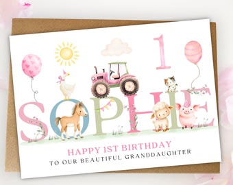 1st Birthday Card for Daughter, Granddaughter, Niece, Pink Girls Farm Animal Tractor First Birthday