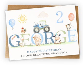 Personalised 2nd Birthday Card for Son, Grandson, Nephew, godson, Boys Farm Animal Tractor Card