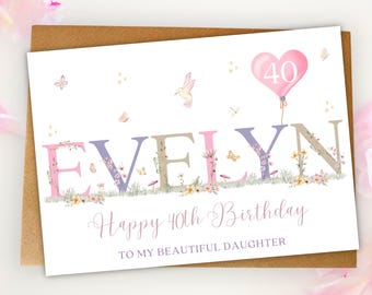 Personalised 40th Birthday Card, Floral Butterflies Name Card for Daughter, Mum, Niece