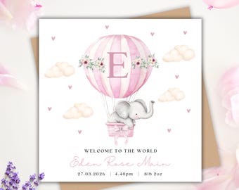 Personalised New Baby Girl Card, Welcome to the World, Elephant, Pink Hot Air Balloon