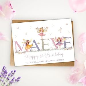 1st Birthday Card, Girls Personalised Fairy First Card, for Granddaughter, Daughter, Niece, Goddaughter Keepsake