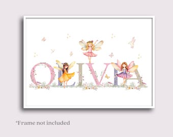 Girls Fairy Name Print, Girls Fairy Wall Art, Personalised Name Wall Print for Girls Bedroom or Nursery. Magical Fairy Wall print