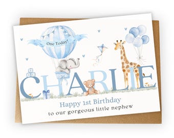 Personalised 1st Birthday Card for Boy, First Birthday Card, Safari Animal Birthday Card, Giraffe Elephant, One Today, Age 1 Card