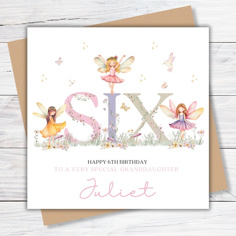 Personalised 6th Birthday Card for Daughter, Granddaughter, Great Granddaughter, Niece, Goddaughter, Girls 6th Birthday Fairy Card