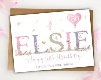 Personalised 50th Birthday Card, Floral Butterflies Name Card, Watercolour Design