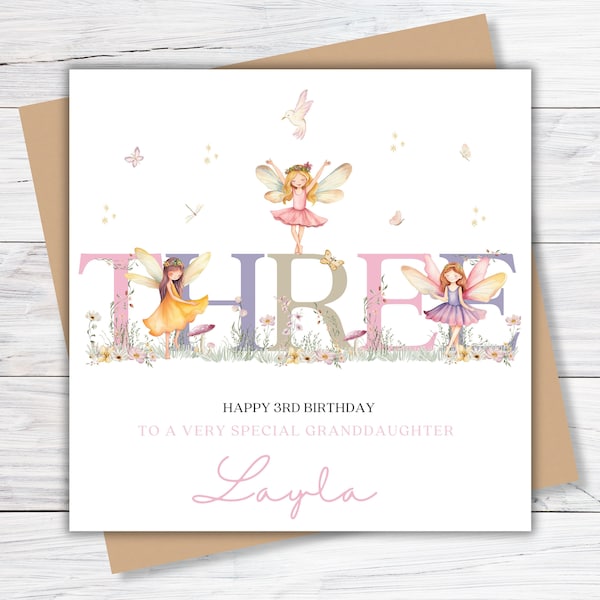 3rd Birthday Fairy Card for Daughter, Personalised Third Birthday for Granddaughter, Niece, Little Girl, Goddaughter, Fairy Birthday Card