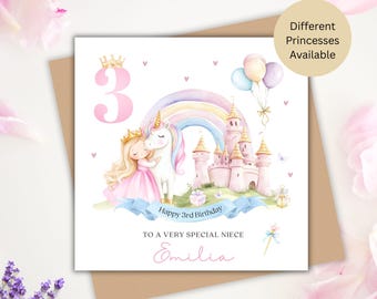 Personalised 3rd Birthday Princess Card, Girls third Card for Daughter, Granddaughter, Niece | Unicorn Castle