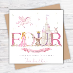 Puede incluir: Tarjeta de cumplea&ntilde;os con un dise&ntilde;o rosa y blanco. La tarjeta presenta un castillo, un unicornio y la palabra "FOUR" en letras grandes. La tarjeta tambi&eacute;n incluye el texto "Happy 4th Birthday" y "To our beautiful great niece Isabelle."
