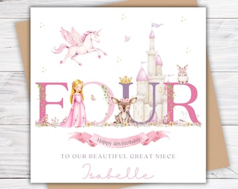 4th Birthday Princess Card for Daughter Personalised Fourth Birthday for Granddaughter Niece Little Girl Goddaughter Pretty Birthday Card