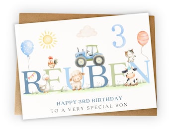Personalised 3rd Birthday Card for Son, Grandson, Nephew, godson, Boys Farm Animal Tractor Card