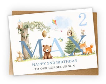 Personalised 2nd Birthday Card for Son, Grandson, Nephew, godson, Boys Woodland fox and bear Card age 2