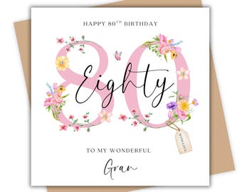 Personalised 80th Birthday Card, for Mum, Gran, Friend, Sister, Floral eightieth Card for her