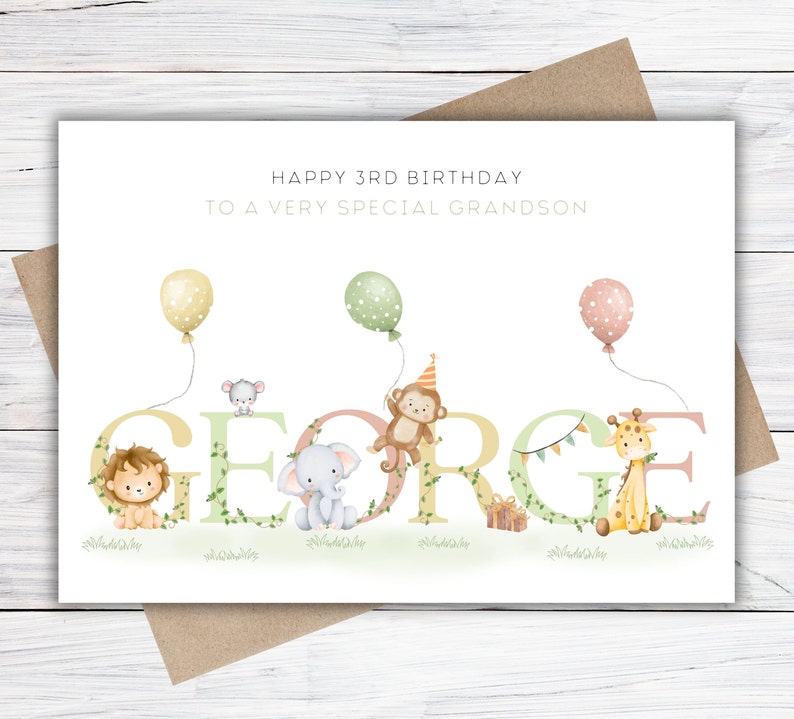 Personalised 1st, 2nd, 3rd, 4th, 5th Birthday Card for Son, Daughter, Grandson, Granddaughter, Niece or Nephew, Girls/ Boys Safari Card image 3