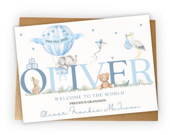 Personalised New Baby Grandson Card, Welcome to the World Son, Nephew, Godson, Elephant and Teddy Card