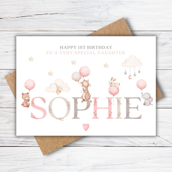 Personalised 1st, 2nd, 3rd Birthday Card for Daughter, Granddaughter, Niece, Goddaughter, Little Girl, First Birthday Card, Safari Card