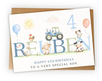 Personalised 4th Birthday Card for Son, Grandson, Nephew, godson, Boys Farm Animal Tractor Card