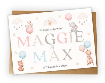 Personalised New Baby Twins card, Custom Safari Name Design, Twin Boys and Twin Girls