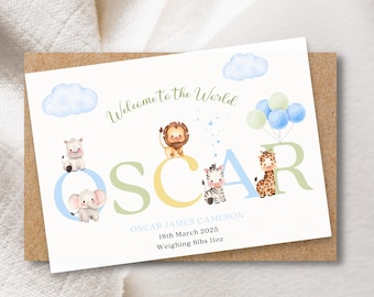 May include: A baby announcement card with the name "OSCAR" in large, colorful letters, featuring illustrations of animals. The card reads "Welcome to the World" and includes the baby's name, birthdate, and weight: 8lbs 11oz.