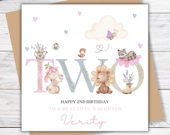 2nd Birthday Card for Daughter, Niece, Granddaughter, Sister, Special Little Girl, Second Birthday Card with Bunny and Bear Woodland Card