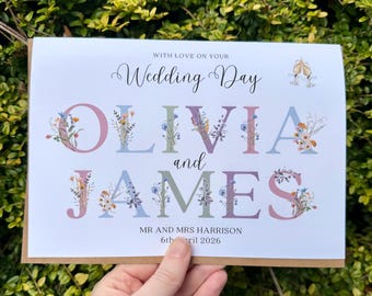 Personalised Wedding Card, Congratulations on your Wedding Day, Wildflower Pastel Custom Name Design Wedding Card, Floral Wedding Card