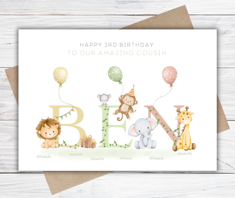 Personalised 1st, 2nd, 3rd, 4th, 5th Birthday Card for Son, Daughter, Grandson, Granddaughter, Niece or Nephew, Girls/ Boys Safari Card image 6