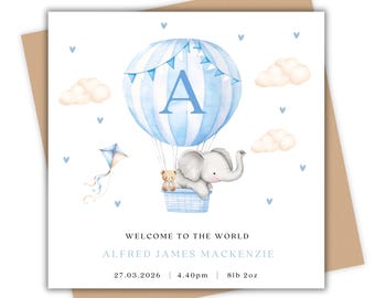 Personalised New Baby Boy Card, Welcome to the World, Elephant, Blue Hot Air Balloon