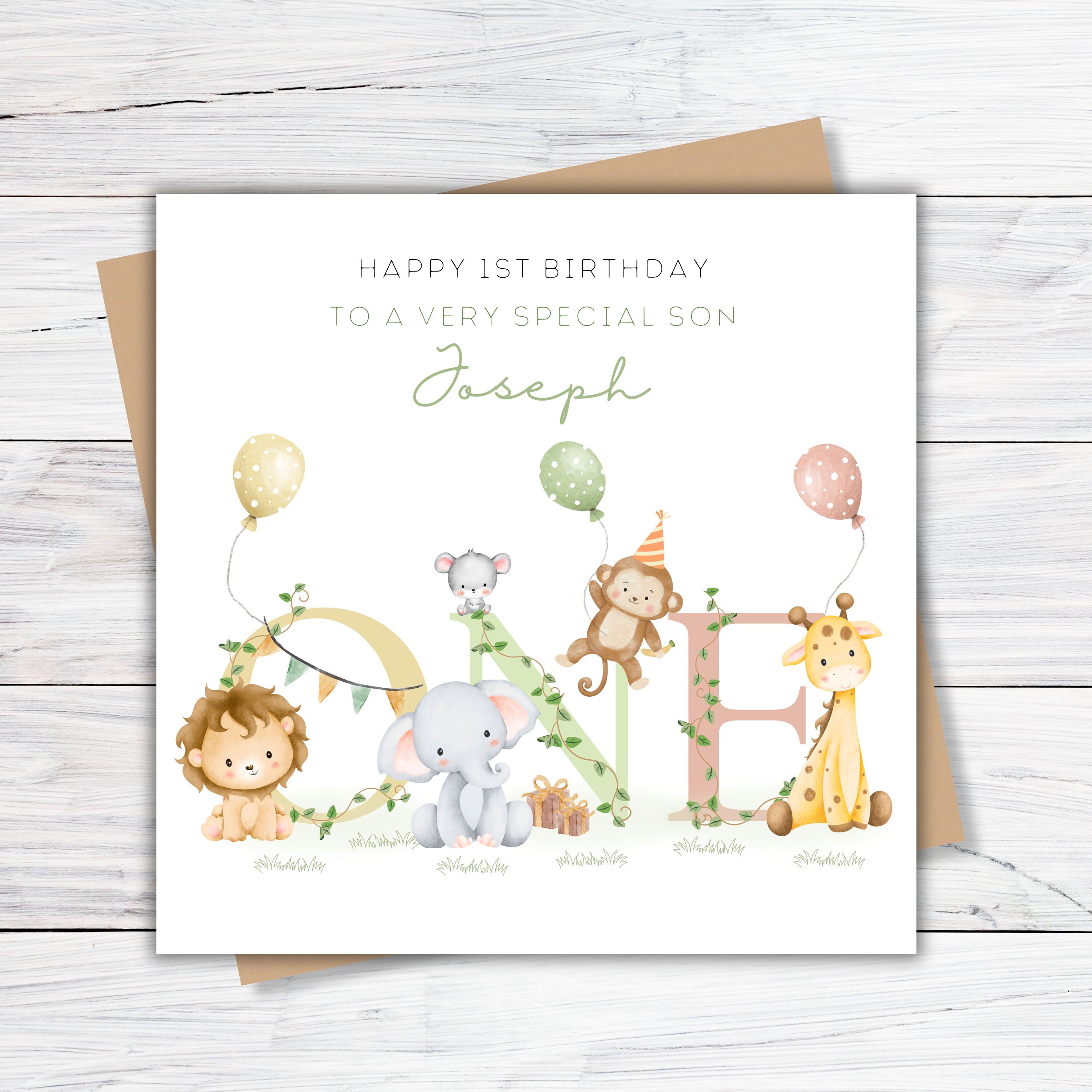 Tarjeta 1er Cumpleaños Tarjeta Personalizada Para 1er Cumpleaños - Tema Safari, Para Hijo O Nieto, Incluye Sobre Tarjeta Regalo Cumpleaños