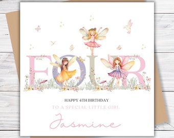 4th Birthday Fairy Card for Daughter, Personalised Fourth Birthday for Granddaughter, Niece, Little Girl, Goddaughter, Fairy Birthday Card