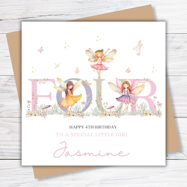 4th Birthday Fairy Card for Daughter, Personalised Fourth Birthday for Granddaughter, Niece, Little Girl, Goddaughter, Fairy Birthday Card