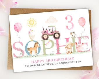 Personalised 3rd Birthday Card for Daughter, Granddaughter, Niece, Pink Girls Farm Animal Tractor Card