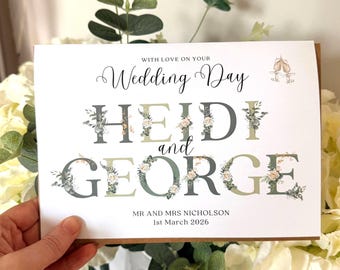 Personalised Wedding Card, Congratulations on your Wedding Day, Custom Name Card, Floral Wedding