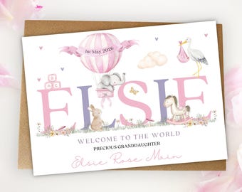 Personalised New Baby Girl Card, Welcome to the World Granddaughter, Daughter, Niece, Goddaughter, Elephant Card