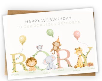 Personalised 1st 2nd 3rd 4th 5th Birthday Card for Son Daughter Grandson Granddaughter Niece or Nephew godson Girls Boys Safari Card