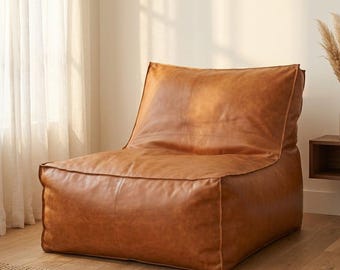 Leather Bean Bag Chair, Genuine Cowhide Adult Lounge Chair, Filled Floor Seating