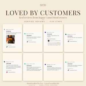 Customer reviews for handmade Moroccan leather camel stool cushions, showing buyer satisfaction and trusted custom leather seat replacements.