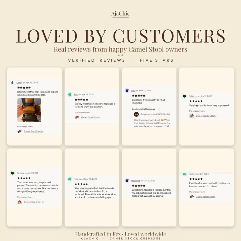 Customer reviews for handmade Moroccan leather camel stool cushions, showing buyer satisfaction and trusted custom leather seat replacements.